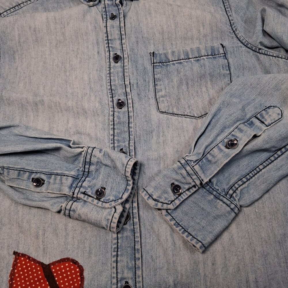 Reworked Chambray Denim Shirt Small Farm Rooster Calico Cottagecore Farmer - Picture 11 of 16